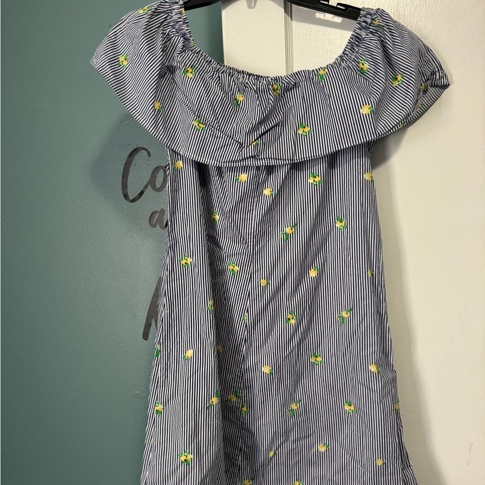 Per Ception Concepts Blue White Stripe Yellow Lemon Print OTS Dress M Medium - Picture 5 of 6